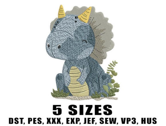 Baby Blue Triceratops Embroidery Design